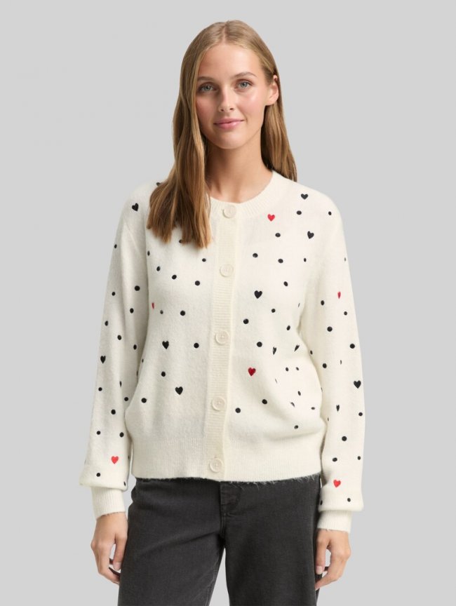 Tom Tailor Relaxed Fit Cardigan mit Stickereien - White Black Dots And Hearts