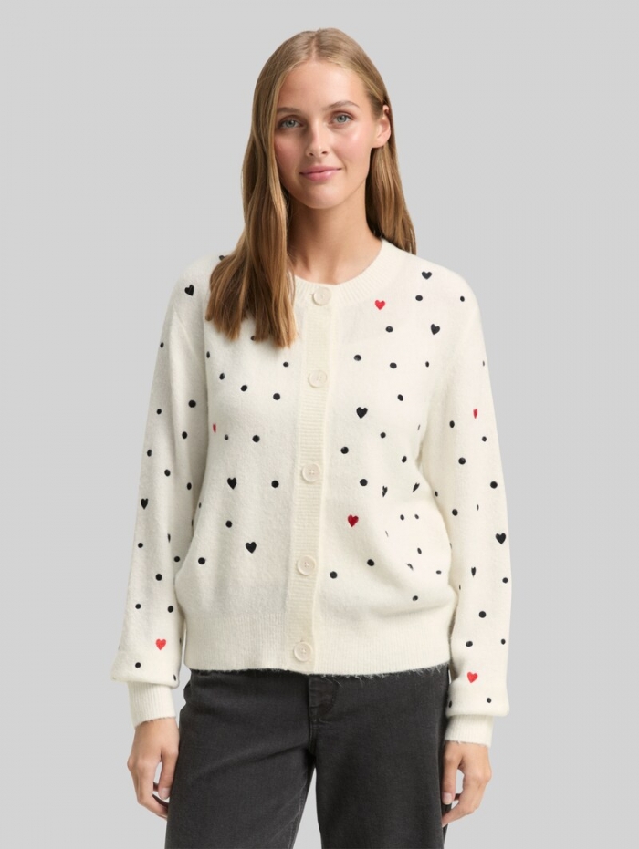 Tom Tailor Relaxed Fit Cardigan mit Stickereien - White Black Dots And Hearts