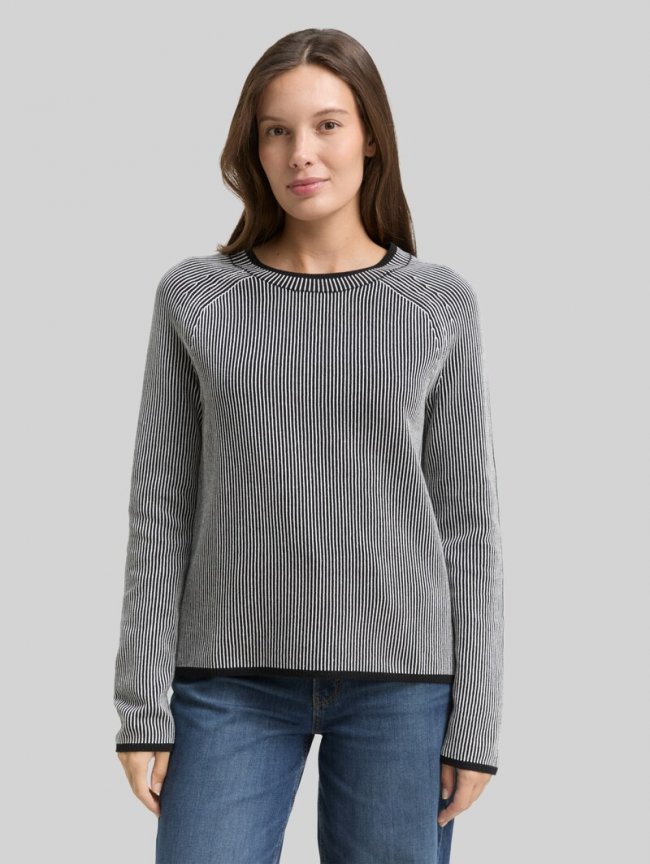 Tom Tailor Strickpullover mit Rundhalsausschnitt - Black White Plaited Knit Tom Tailor Strickpullover mit Rundhalsausschnitt - Black White Plaited Knit