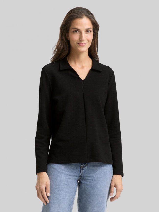 Tom Tailor Langarmshirt mit Polokragen - Deep Black Tom Tailor Langarmshirt mit Polokragen - Deep Black