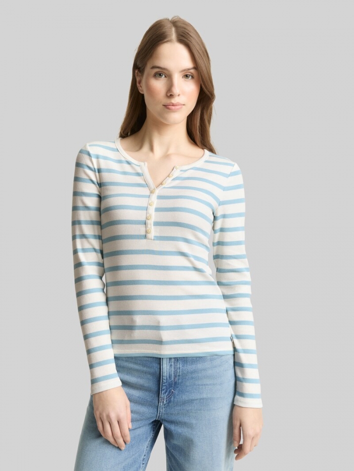 Tom Tailor Slim Fit Henley Langarmshirt - Calm Blue White Stripe Tom Tailor Slim Fit Henley Langarmshirt - Calm Blue White Stripe