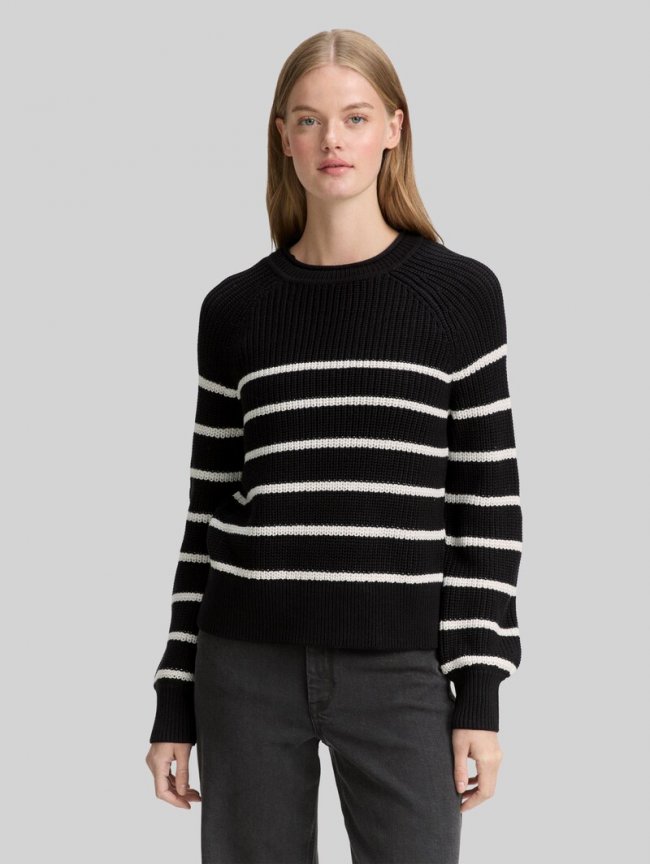 Tom Tailor Strickpullover mit leichten Ballonärmeln - Placed Black White Stripe Tom Tailor Strickpullover mit leichten Ballonärmeln - Placed Black White Stripe