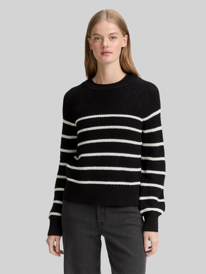 Tom Tailor Strickpullover mit leichten Ballonärmeln - Placed Black White Stripe Tom Tailor Strickpullover mit leichten Ballonärmeln - Placed Black White Stripe