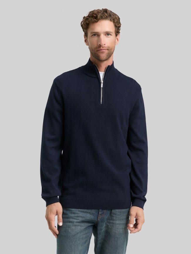 Tom Tailor Troyer Strickpullover mit Fischgrät-Struktur - Sky Captain Blue Tom Tailor Troyer Strickpullover mit Fischgrät-Struktur - Sky Captain Blue