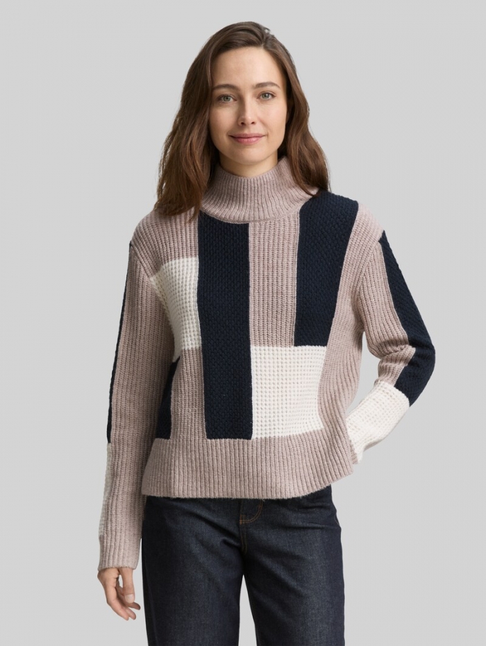 Tom Tailor Loose Fit Strickpullover mit Colour Blocking - Taupe Structured Colorblock Tom Tailor Loose Fit Strickpullover mit Colour Blocking - Taupe Structured Colorblock