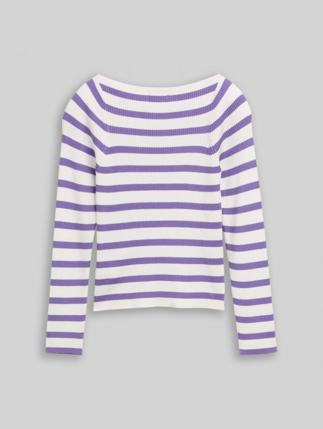 Tom Tailor Cropped Strickpullover mit Streifenmuster - Vivid Purple White Stripe Tom Tailor Cropped Strickpullover mit Streifenmuster - Vivid Purple White Stripe