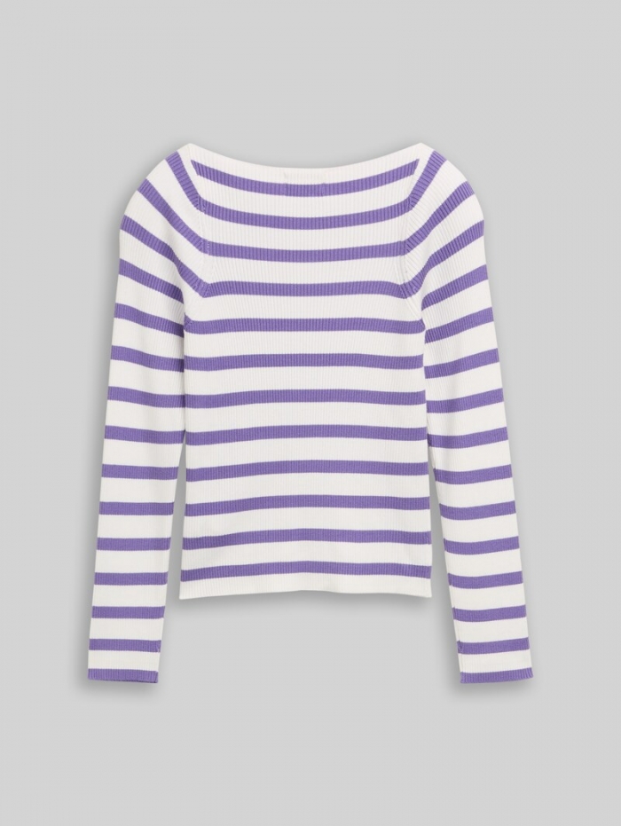 Tom Tailor Cropped Strickpullover mit Streifenmuster - Vivid Purple White Stripe Tom Tailor Cropped Strickpullover mit Streifenmuster - Vivid Purple White Stripe