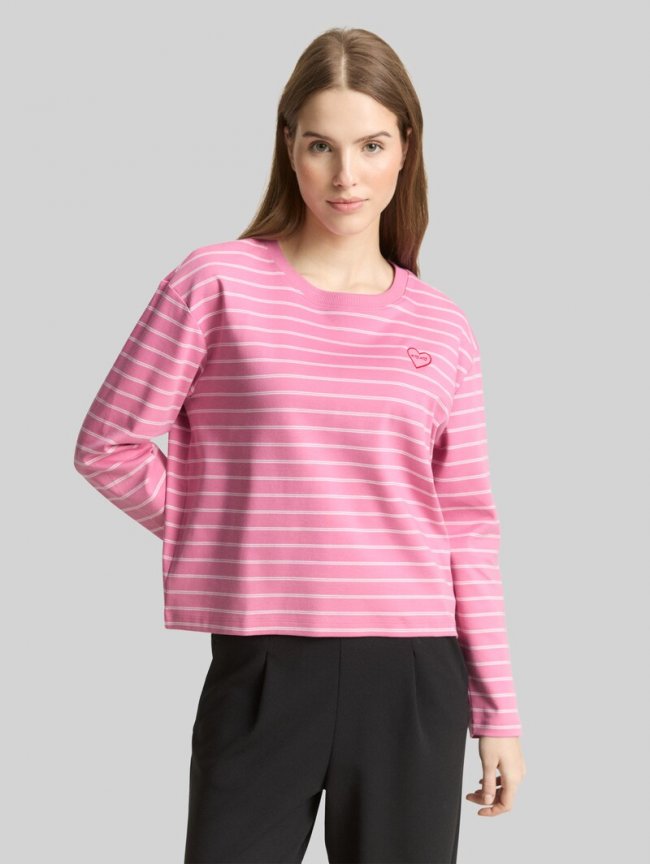 Tom Tailor Boxy Fit Langarmshirt mit Herz-Stickerei - Pink White Stripe Tom Tailor Boxy Fit Langarmshirt mit Herz-Stickerei - Pink White Stripe