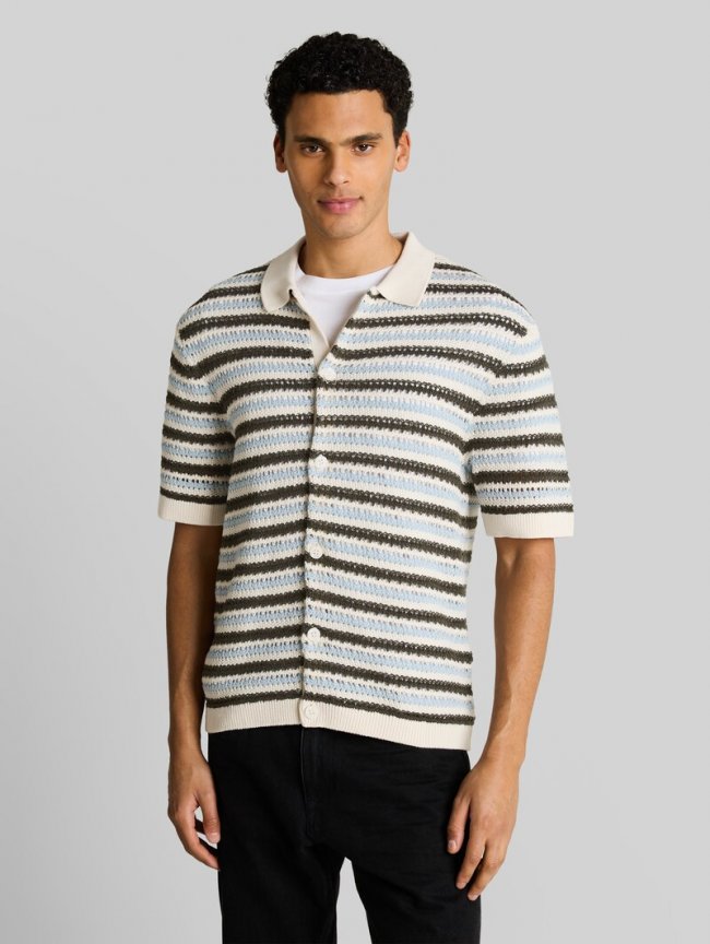 Tom Tailor Strick-Poloshirt mit Streifenmuster - Olive Light Blue Stripe