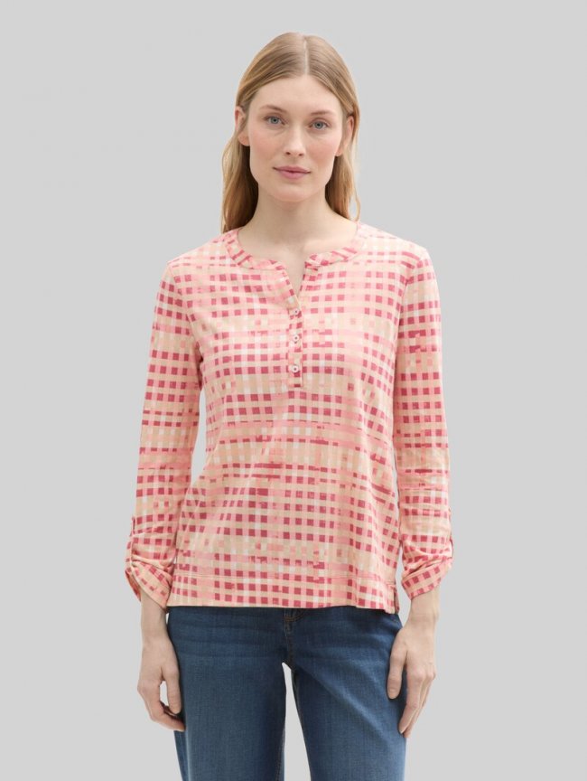 Tom Tailor Henley Langarmshirt mit Muster - Berry Red Check Design Tom Tailor Henley Langarmshirt mit Muster - Berry Red Check Design