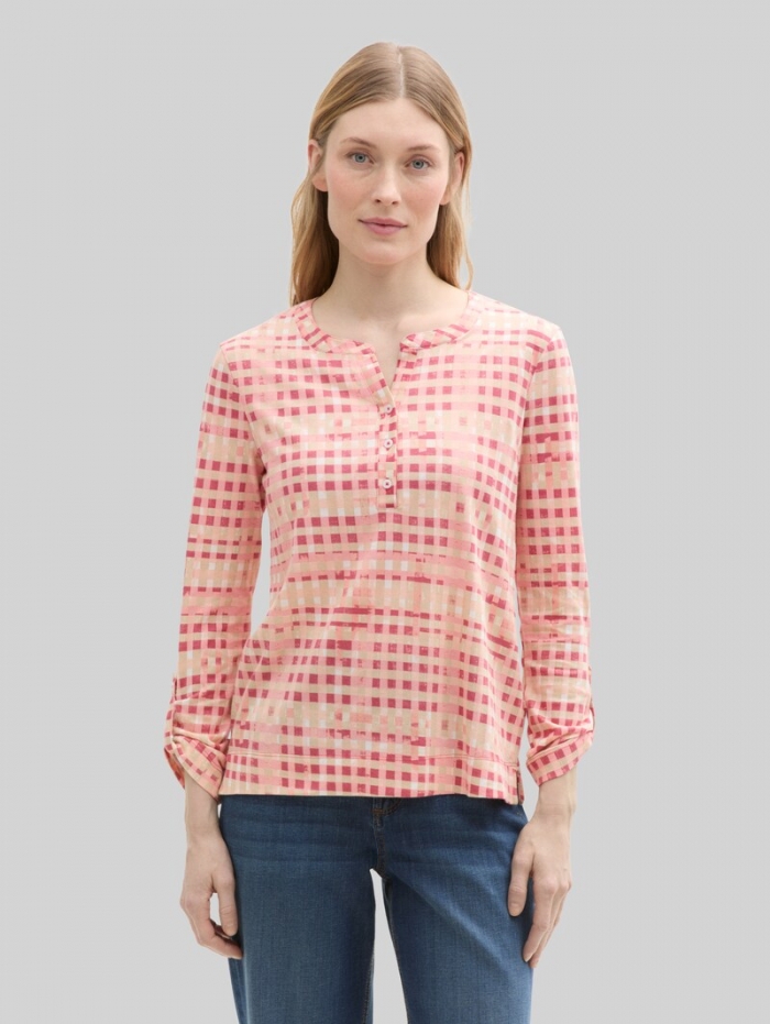Tom Tailor Henley Langarmshirt mit Muster - Berry Red Check Design Tom Tailor Henley Langarmshirt mit Muster - Berry Red Check Design