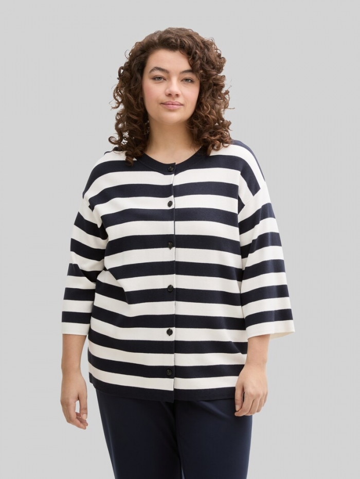 Tom Tailor Plus Size - Cardigan mit Streifenmuster - Navy Offwhite Block Stripe Tom Tailor Plus Size - Cardigan mit Streifenmuster - Navy Offwhite Block Stripe