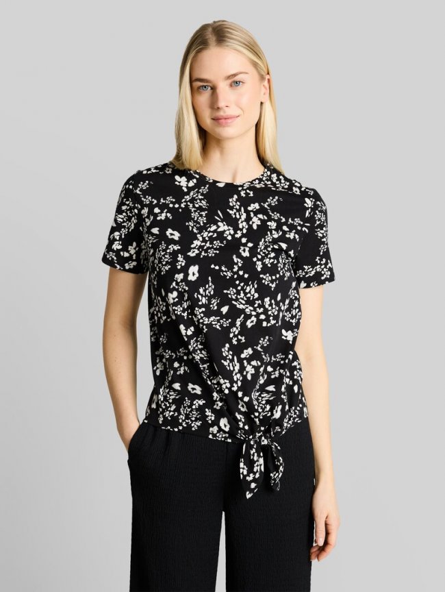 Tom Tailor T-Shirt mit Knotendetail - Black White Flower Print Tom Tailor T-Shirt mit Knotendetail - Black White Flower Print