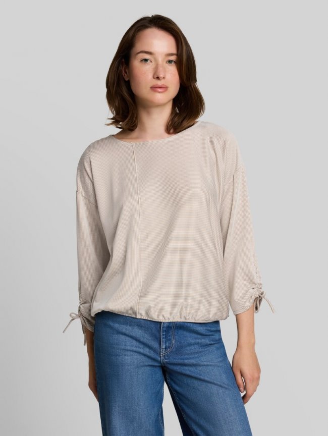 Tom Tailor Loose Fit Langarmshirt mit Raffärmeln - Small Beige White Stripe Tom Tailor Loose Fit Langarmshirt mit Raffärmeln - Small Beige White Stripe