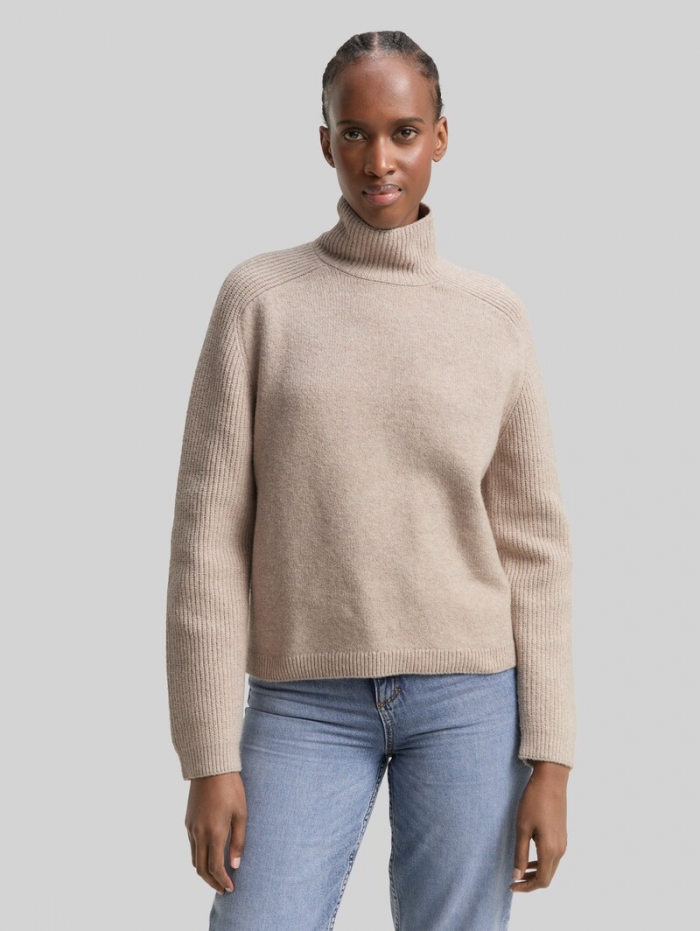 Tom Tailor Relaxed Fit Strickpullover mit Stehkragen - Cosy Beige Melange Tom Tailor Relaxed Fit Strickpullover mit Stehkragen - Cosy Beige Melange