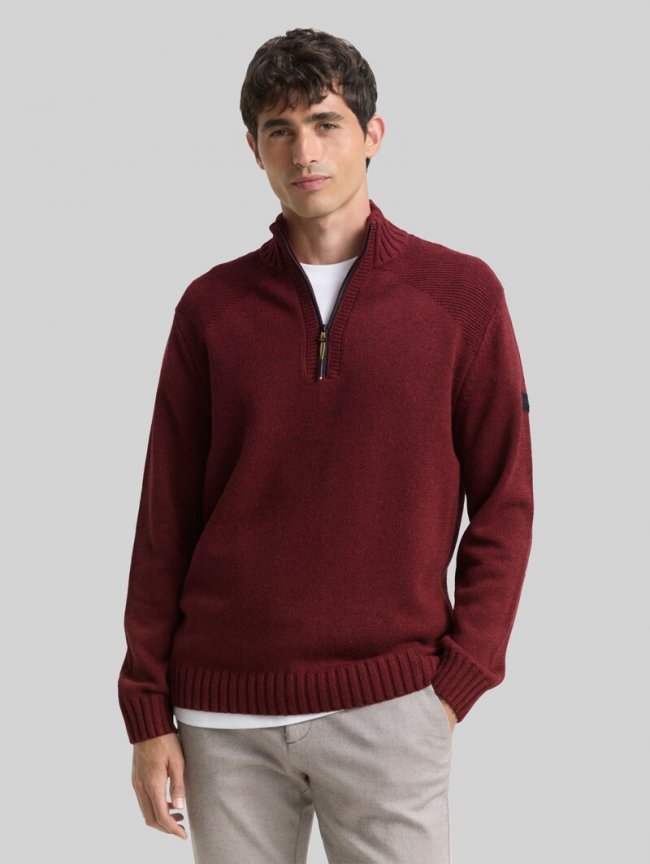 Tom Tailor Troyer Strickpullover mit Ripp-Details - Bordeaux Melange Tom Tailor Troyer Strickpullover mit Ripp-Details - Bordeaux Melange