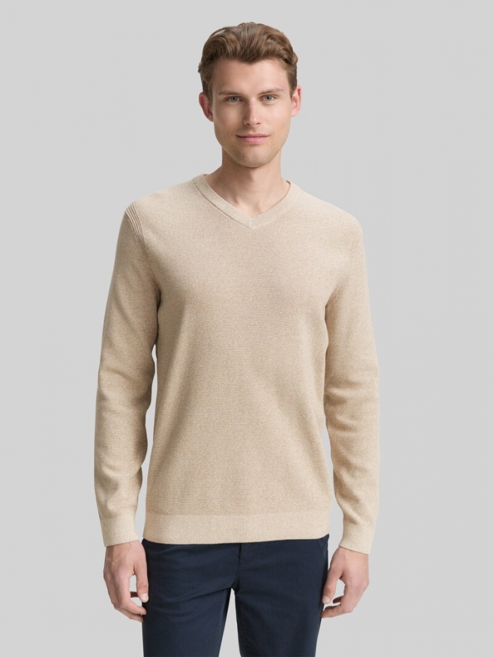 Tom Tailor Strickpullover mit V-Ausschnitt aus Bio-Baumwolle - Beige Offwhite Twotone Tom Tailor Strickpullover mit V-Ausschnitt aus Bio-Baumwolle - Beige Offwhite Twotone