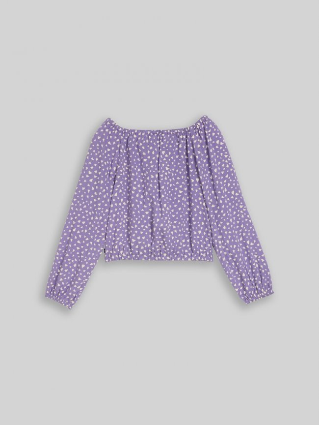 Tom Tailor Cropped Bluse mit Carmen-Ausschnitt - Purple Small Heart Print Tom Tailor Cropped Bluse mit Carmen-Ausschnitt - Purple Small Heart Print