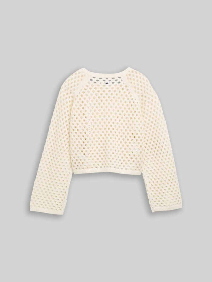 Tom Tailor Cropped Strickpullover mit Lochmuster - Gardenia White Tom Tailor Cropped Strickpullover mit Lochmuster - Gardenia White