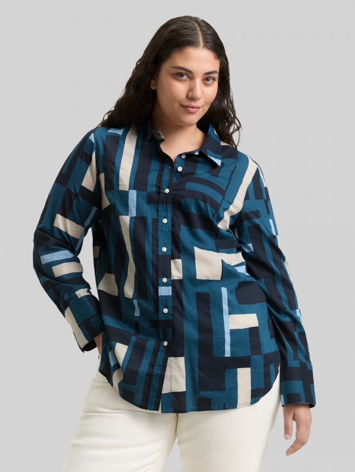 Tom Tailor Plus Size - Hemdbluse mit Muster - Teal Geometric Design Tom Tailor Plus Size - Hemdbluse mit Muster - Teal Geometric Design