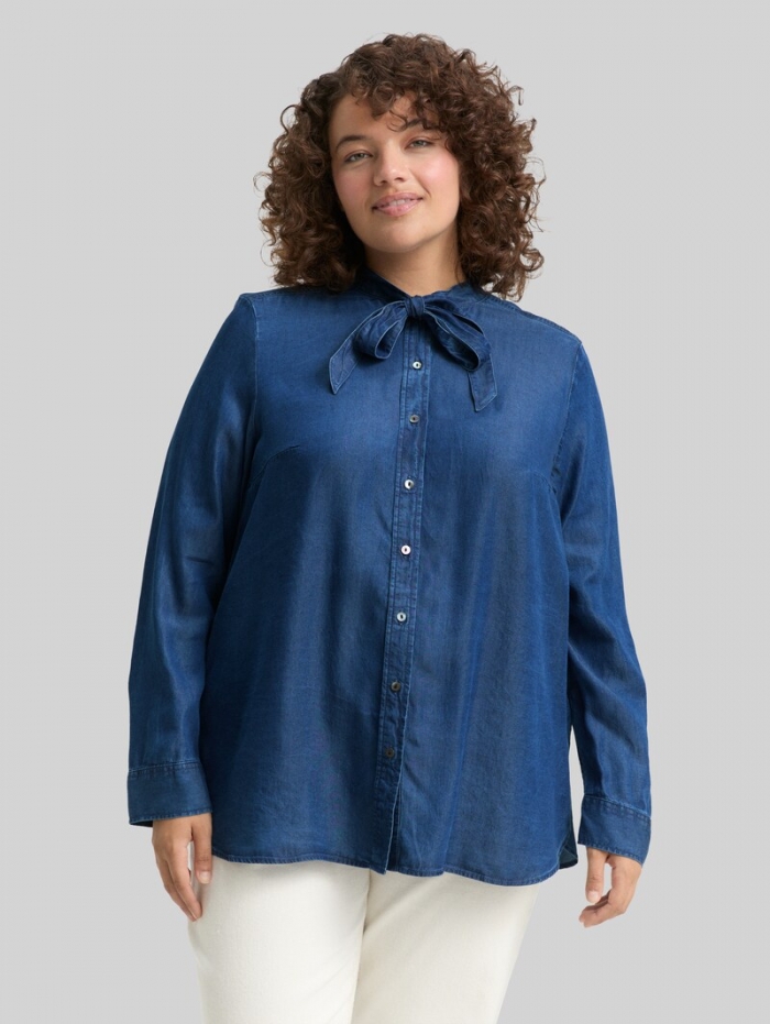 Tom Tailor Plus Size - Bluse mit Schleifen-Detail - Blue Denim Dark Wash Tom Tailor Plus Size - Bluse mit Schleifen-Detail - Blue Denim Dark Wash