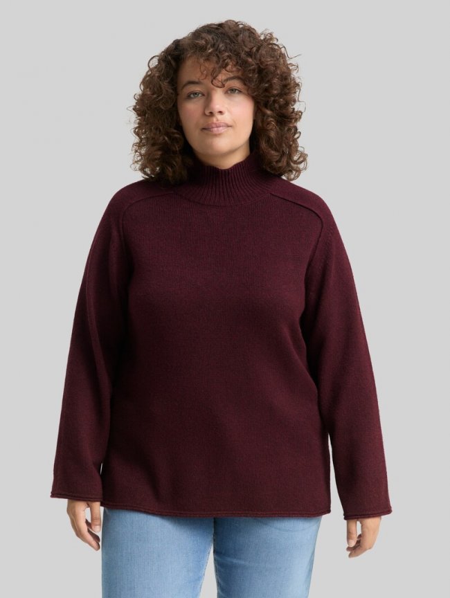Tom Tailor Plus Size - Loose Fit Strickpullover mit Stehkragen - Dark Red Mélange Tom Tailor Plus Size - Loose Fit Strickpullover mit Stehkragen - Dark Red Mélange