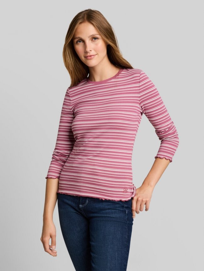 Tom Tailor Slim Fit Langarmshirt mit gewellten Saumkanten - Berry White Irregular Stripe Tom Tailor Slim Fit Langarmshirt mit gewellten Saumkanten - Berry White Irregular Stripe