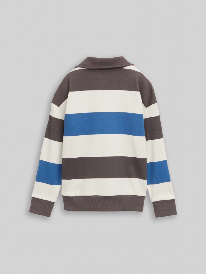Tom Tailor Oversize Sweatshirt mit Polokragen - Grey Blue Off White Stripe Tom Tailor Oversize Sweatshirt mit Polokragen - Grey Blue Off White Stripe