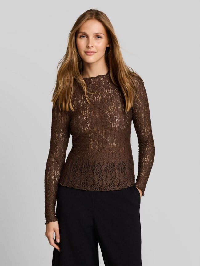 Tom Tailor Slim Fit Langarmshirt aus Spitze - Cool Dark Brown