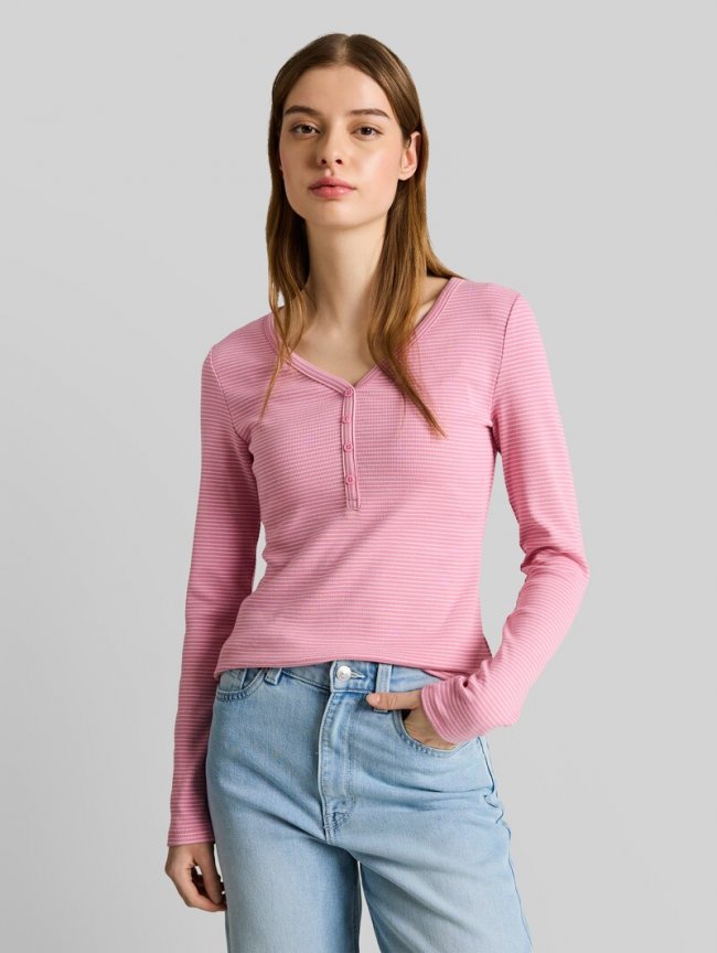 Tom Tailor Slim Fit Henley Langarmshirt mit Streifenmuster - Pink White Stripe Tom Tailor Slim Fit Henley Langarmshirt mit Streifenmuster - Pink White Stripe