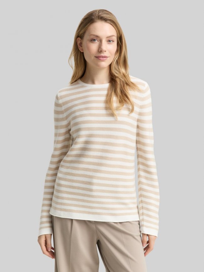 Tom Tailor Strickpullover aus Baumwolle - Sand Stone Offwhite Stripe Tom Tailor Strickpullover aus Baumwolle - Sand Stone Offwhite Stripe