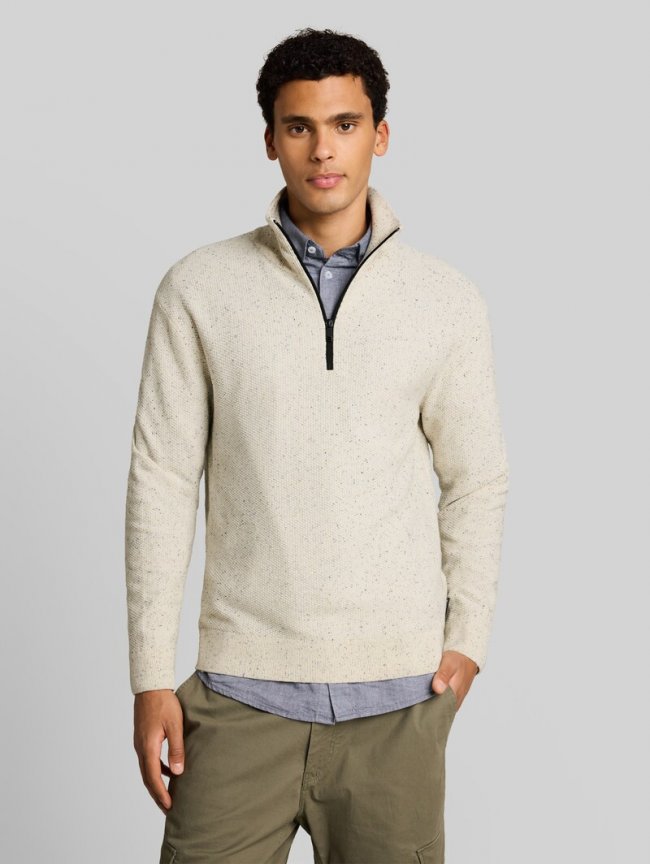 Tom Tailor Troyer Strickpullover aus Baumwolle - Off White Neps Tom Tailor Troyer Strickpullover aus Baumwolle - Off White Neps