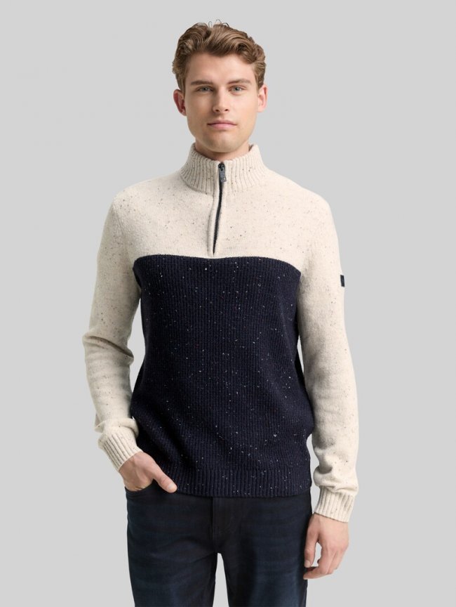 Tom Tailor Troyer Strickpullover mit Strukturmix - Offwhite Navy Color Block Tom Tailor Troyer Strickpullover mit Strukturmix - Offwhite Navy Color Block