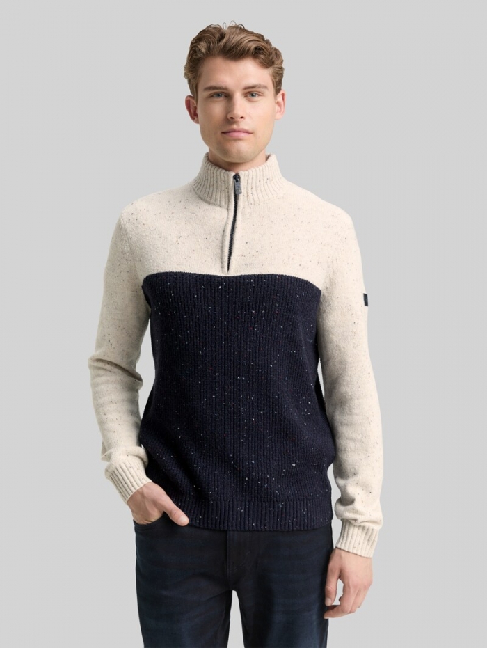 Tom Tailor Troyer Strickpullover mit Strukturmix - Offwhite Navy Color Block Tom Tailor Troyer Strickpullover mit Strukturmix - Offwhite Navy Color Block