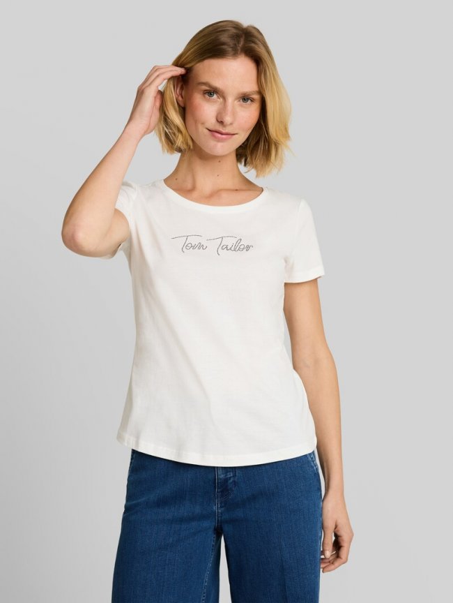 Tom Tailor T-Shirt mit Glitzer-Logo - Whisper White Tom Tailor T-Shirt mit Glitzer-Logo - Whisper White