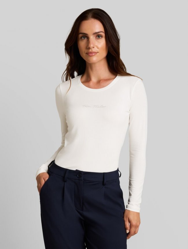Tom Tailor Slim Fit Langarmshirt mit Logo-Print - Whisper White Tom Tailor Slim Fit Langarmshirt mit Logo-Print - Whisper White