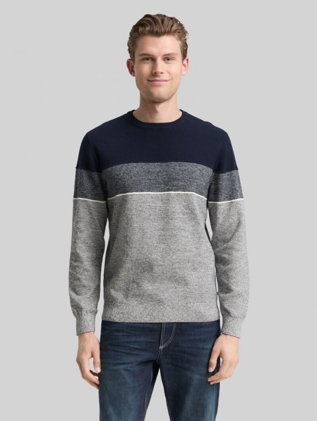 Tom Tailor Strickpullover mit Colour Blocking - Navy Offwhite White Stripe Tom Tailor Strickpullover mit Colour Blocking - Navy Offwhite White Stripe