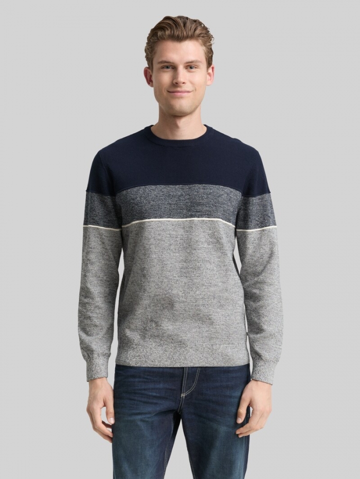 Tom Tailor Strickpullover mit Colour Blocking - Navy Offwhite White Stripe Tom Tailor Strickpullover mit Colour Blocking - Navy Offwhite White Stripe