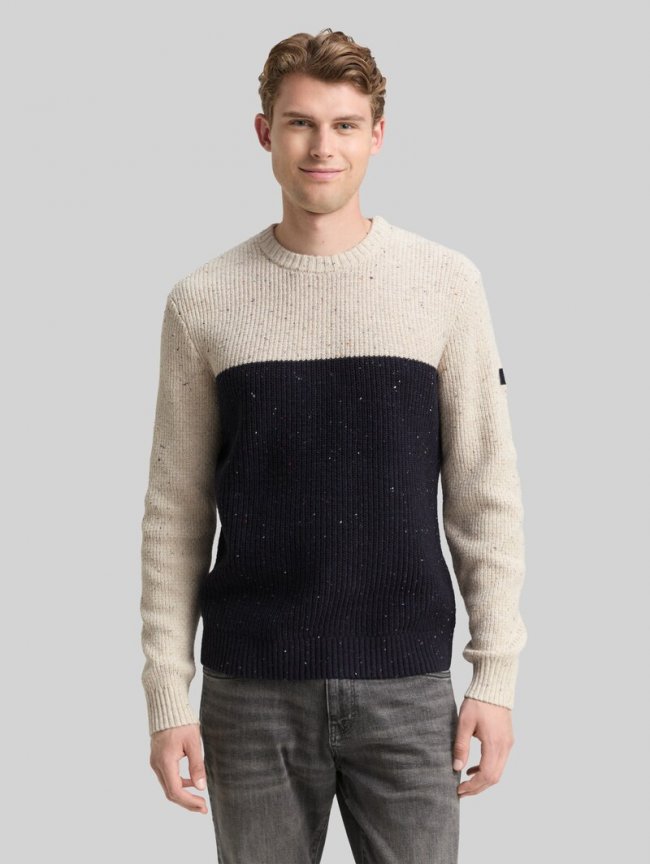 Tom Tailor Strickpullover mit Strukturmix - Offwhite Navy Color Block Tom Tailor Strickpullover mit Strukturmix - Offwhite Navy Color Block