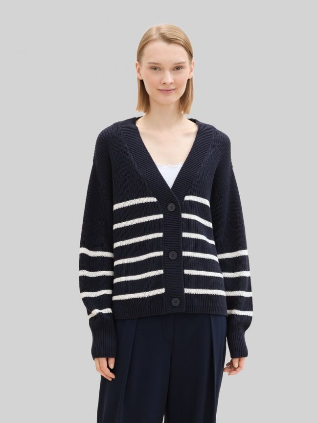 Tom Tailor Cardigan mit V-Ausschnitt - Placed Navy White Stripe Tom Tailor Cardigan mit V-Ausschnitt - Placed Navy White Stripe