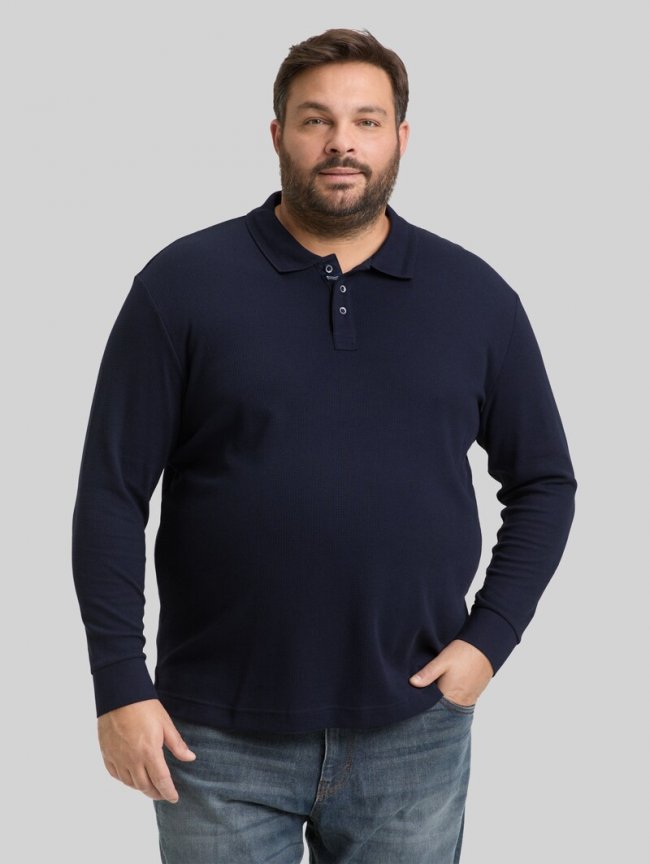 Tom Tailor Plus Size - Langarm Poloshirt mit Waffelstruktur - Sky Captain Blue Tom Tailor Plus Size - Langarm Poloshirt mit Waffelstruktur - Sky Captain Blue