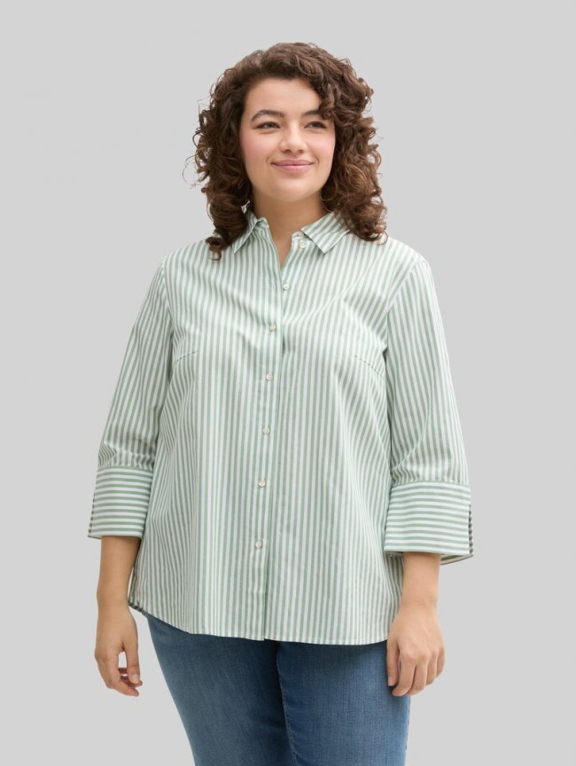 Tom Tailor Plus Size - Loose Fit Bluse mit Streifenmuster - Mid Green White Stripe