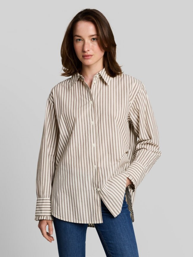 Tom Tailor Oversize Hemdbluse mit Streifenmuster - Off White Brown Beige Stripe