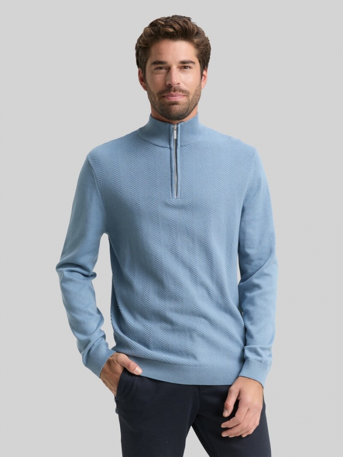Tom Tailor Troyer Strickpullover mit Fischgrät-Struktur - Faded Denim Blue Tom Tailor Troyer Strickpullover mit Fischgrät-Struktur - Faded Denim Blue