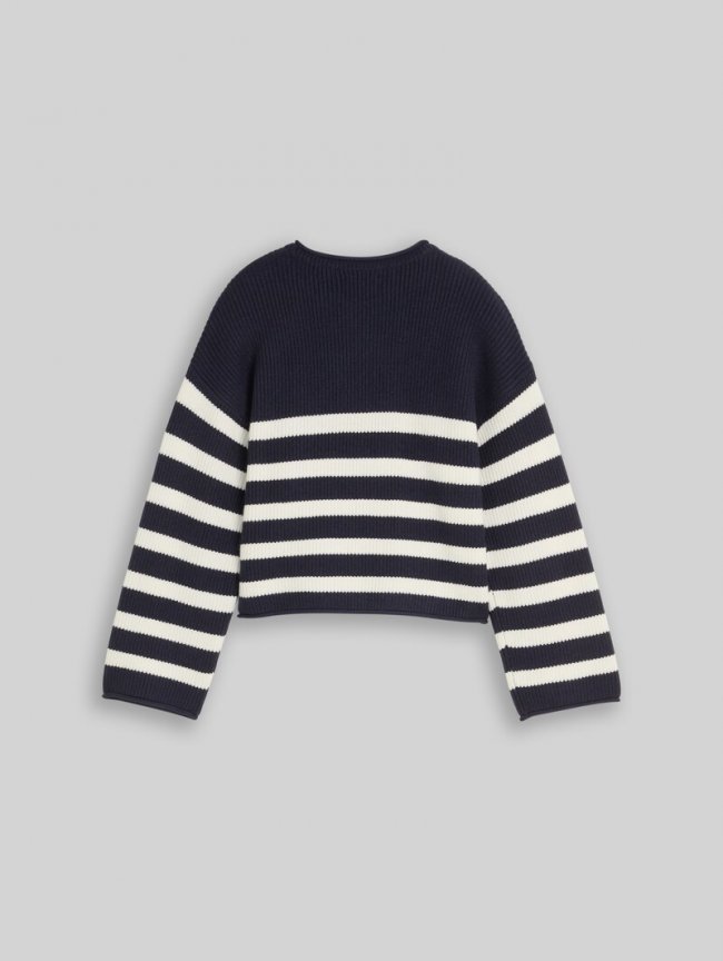 Tom Tailor Cropped Strickpullover mit Streifenmuster - Navy And White Block Stripe Tom Tailor Cropped Strickpullover mit Streifenmuster - Navy And White Block Stripe