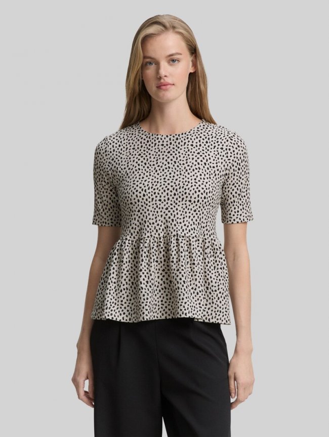 Tom Tailor Jacquard T-Shirt mit Peplum - Beige Black Dotted Print Tom Tailor Jacquard T-Shirt mit Peplum - Beige Black Dotted Print