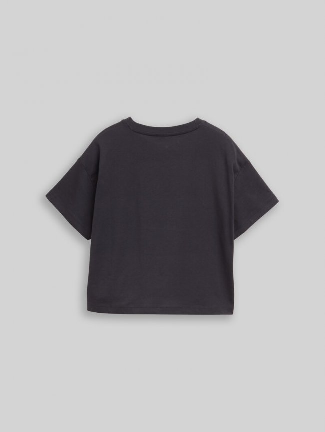 Tom Tailor Cropped T-Shirt mit Glitzer-Print - Coal Grey Tom Tailor Cropped T-Shirt mit Glitzer-Print - Coal Grey