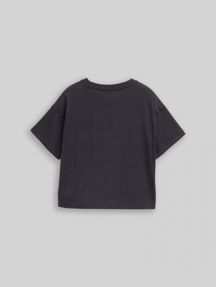 Tom Tailor Cropped T-Shirt mit Glitzer-Print - Coal Grey Tom Tailor Cropped T-Shirt mit Glitzer-Print - Coal Grey