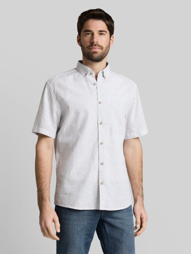Tom Tailor Regular Fit Kurzarmhemd mit Leinenanteil - White Leaf Green Small Stripe Tom Tailor Regular Fit Kurzarmhemd mit Leinenanteil - White Leaf Green Small Stripe