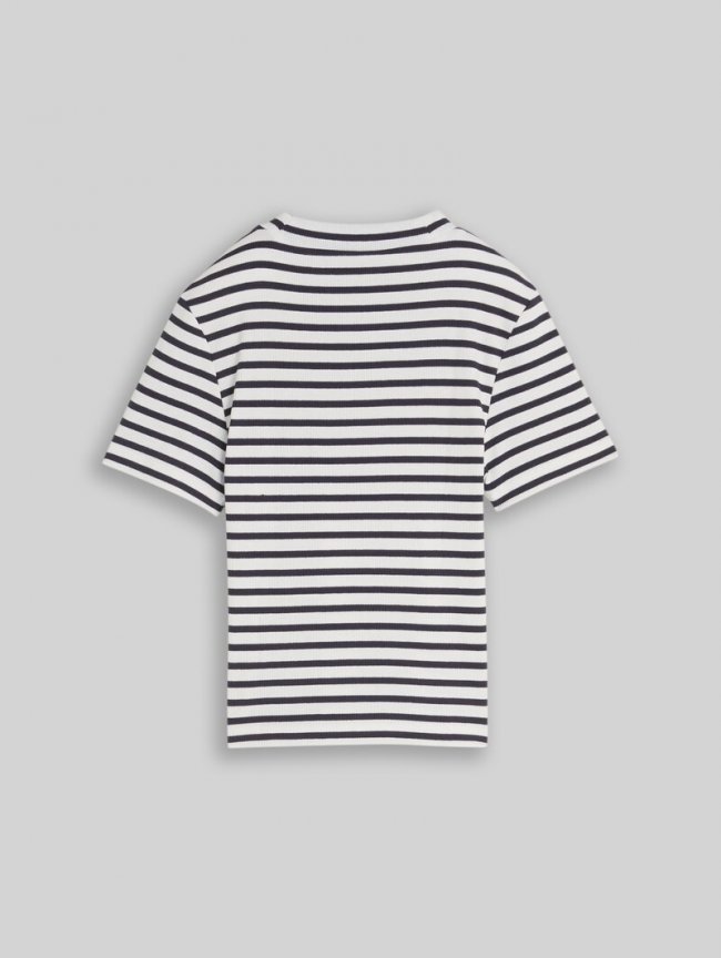 Tom Tailor Cropped T-Shirt mit Streifenmuster - Dark Blue White Thin Stripe Tom Tailor Cropped T-Shirt mit Streifenmuster - Dark Blue White Thin Stripe
